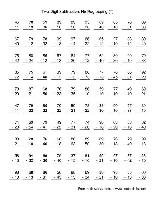 Two-Digit Subtraction with No Regrouping -- 100 Questions (T)