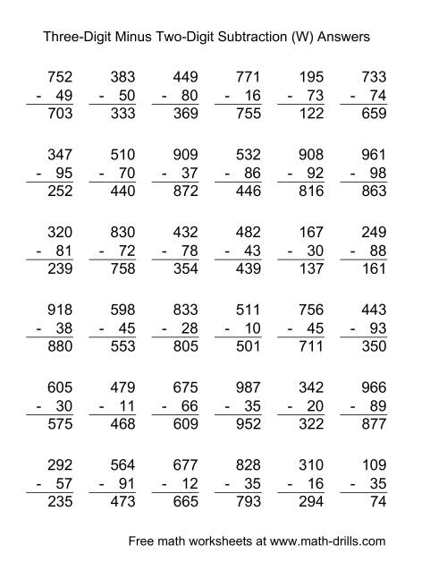 Three-Digit Minus Two-Digit Subtraction -- 36 Questions (W)