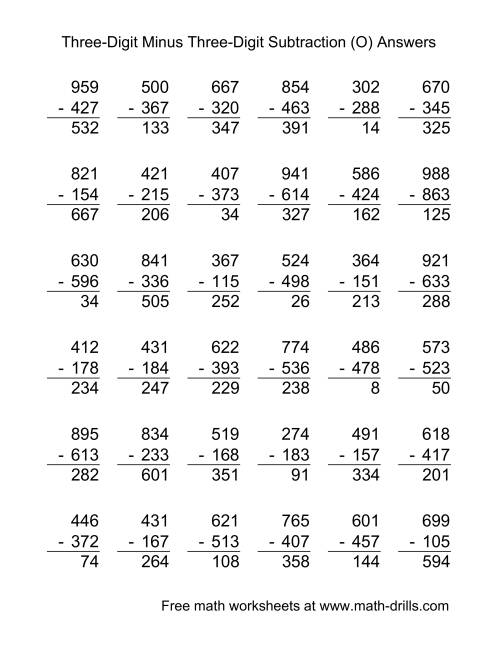 Three-Digit Minus Three-Digit Subtraction -- 36 Questions (O)