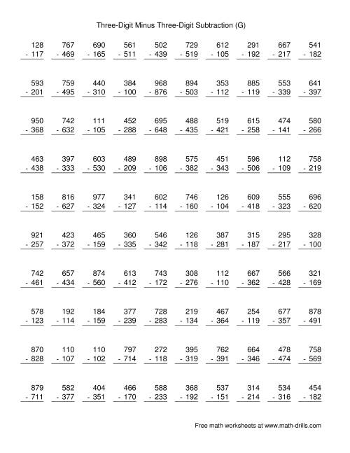 Three-Digit Minus Three-Digit Subtraction -- 100 Questions (G)