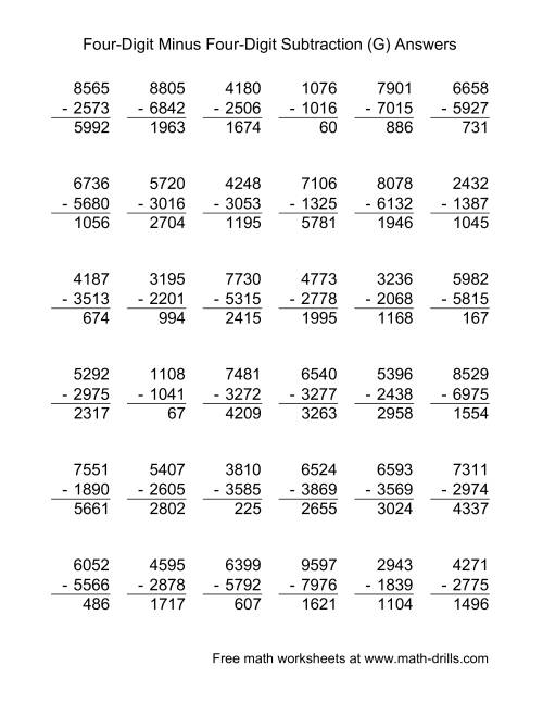 Four-Digit Minus Four-Digit Subtraction -- 36 Questions (G)