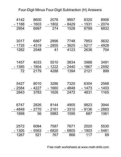 four digit minus four digit subtraction 36 questions h