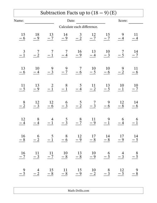 The Subtraction Facts from (2 − 1) to (18 − 9) – 81 Questions (E) Math Worksheet