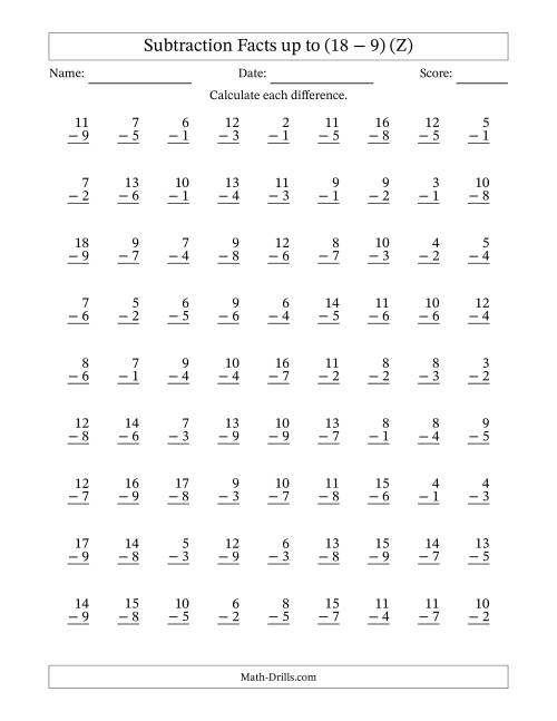 The Subtraction Facts from (2 − 1) to (18 − 9) – 81 Questions (Z) Math Worksheet