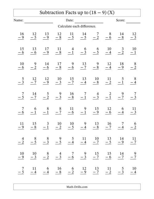 The Subtraction Facts from (2 − 1) to (18 − 9) – 100 Questions (X) Math Worksheet