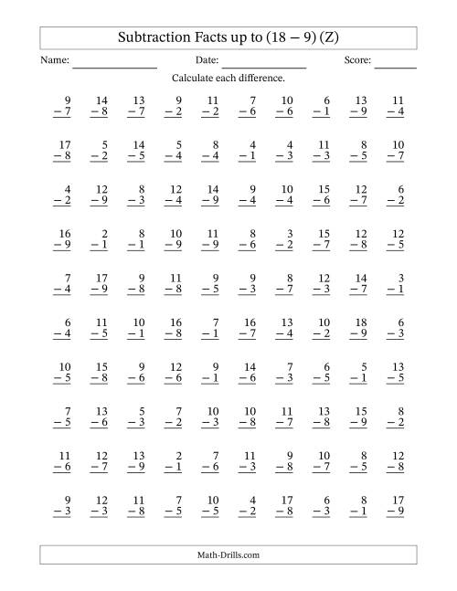 The Subtraction Facts from (2 − 1) to (18 − 9) – 100 Questions (Z) Math Worksheet