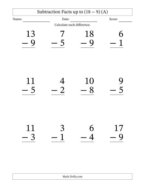 The 12 Vertical Subtraction Facts with Minuends from 2 to 18 (A) Math Worksheet