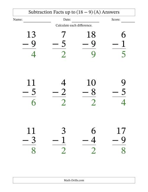 The 12 Vertical Subtraction Facts with Minuends from 2 to 18 (A) Math Worksheet Page 2