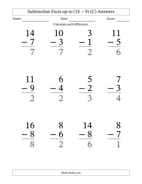 12 Vertical Subtraction Facts with Minuends from 2 to 18 (C)