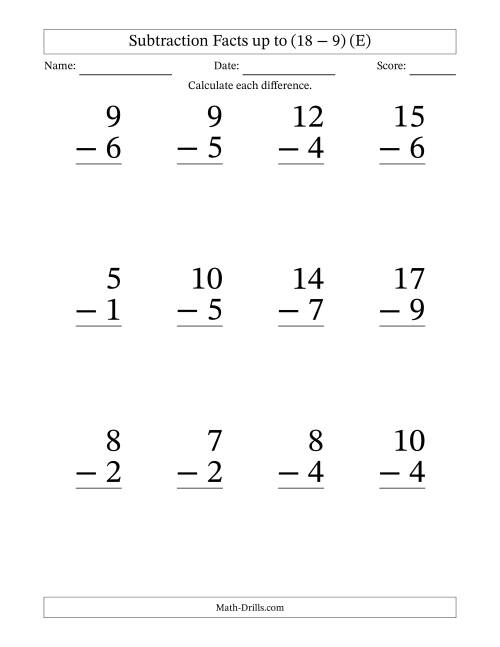 12 Vertical Subtraction Facts With Minuends From 2 To 18 (E)