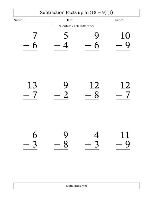 The Subtraction Facts from (2 − 1) to (18 − 9) – 12 Large Print Questions (I) Math Worksheet