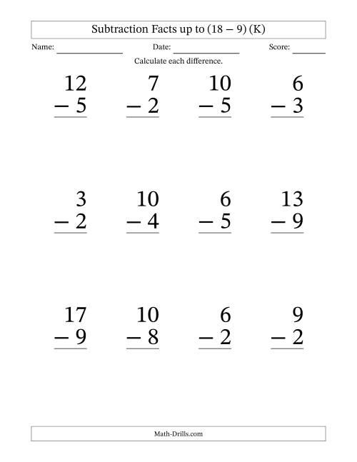 The Subtraction Facts from (2 − 1) to (18 − 9) – 12 Large Print Questions (K) Math Worksheet