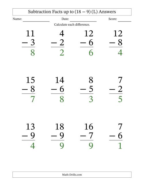 The Subtraction Facts from (2 − 1) to (18 − 9) – 12 Large Print Questions (L) Math Worksheet Page 2
