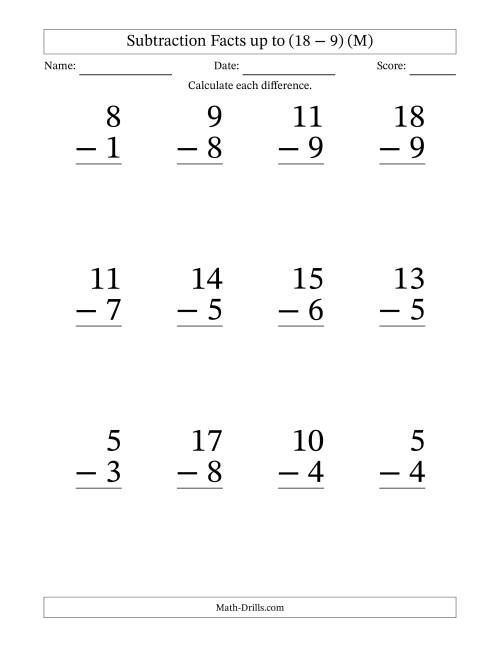The Subtraction Facts from (2 − 1) to (18 − 9) – 12 Large Print Questions (M) Math Worksheet