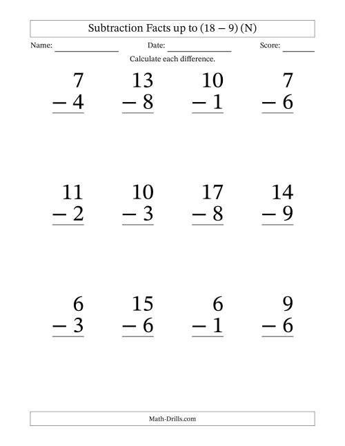 The Subtraction Facts from (2 − 1) to (18 − 9) – 12 Large Print Questions (N) Math Worksheet