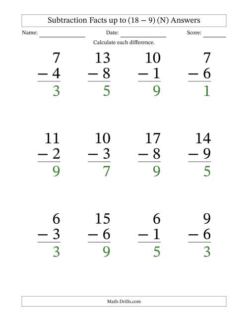 The Subtraction Facts from (2 − 1) to (18 − 9) – 12 Large Print Questions (N) Math Worksheet Page 2