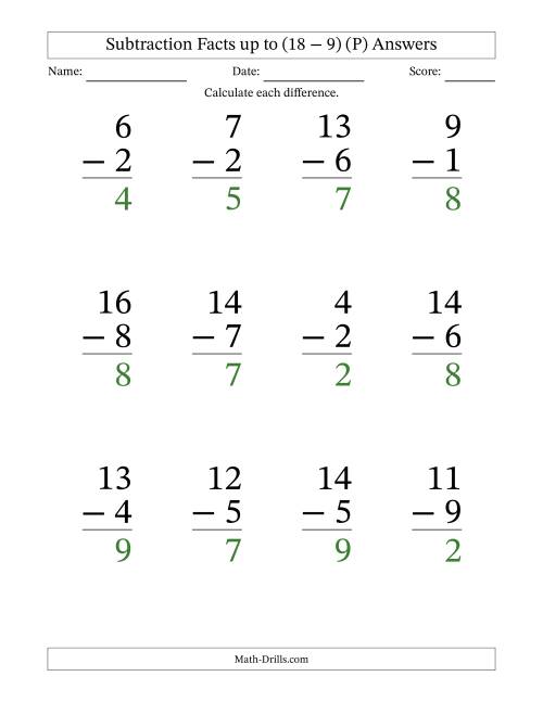 The Subtraction Facts from (2 − 1) to (18 − 9) – 12 Large Print Questions (P) Math Worksheet Page 2