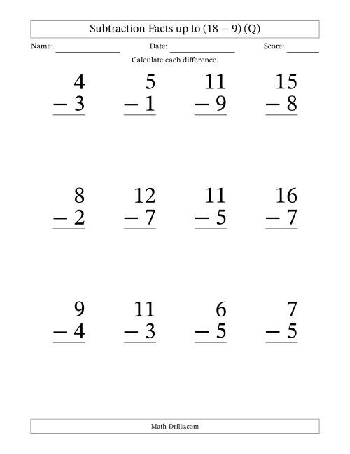 The Subtraction Facts from (2 − 1) to (18 − 9) – 12 Large Print Questions (Q) Math Worksheet