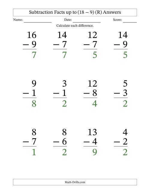 The Subtraction Facts from (2 − 1) to (18 − 9) – 12 Large Print Questions (R) Math Worksheet Page 2