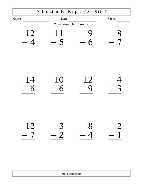 The Subtraction Facts from (2 − 1) to (18 − 9) – 12 Large Print Questions (T) Math Worksheet
