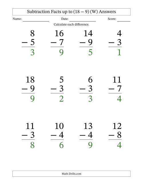 The Subtraction Facts from (2 − 1) to (18 − 9) – 12 Large Print Questions (W) Math Worksheet Page 2