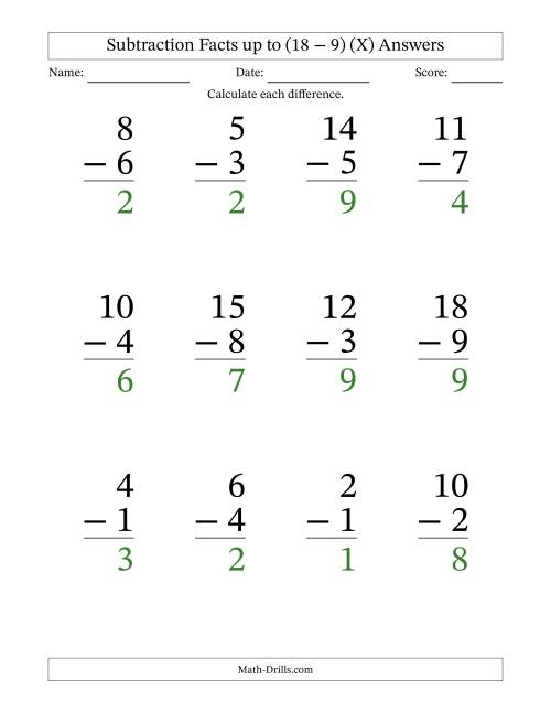 The Subtraction Facts from (2 − 1) to (18 − 9) – 12 Large Print Questions (X) Math Worksheet Page 2