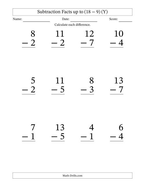 The Subtraction Facts from (2 − 1) to (18 − 9) – 12 Large Print Questions (Y) Math Worksheet