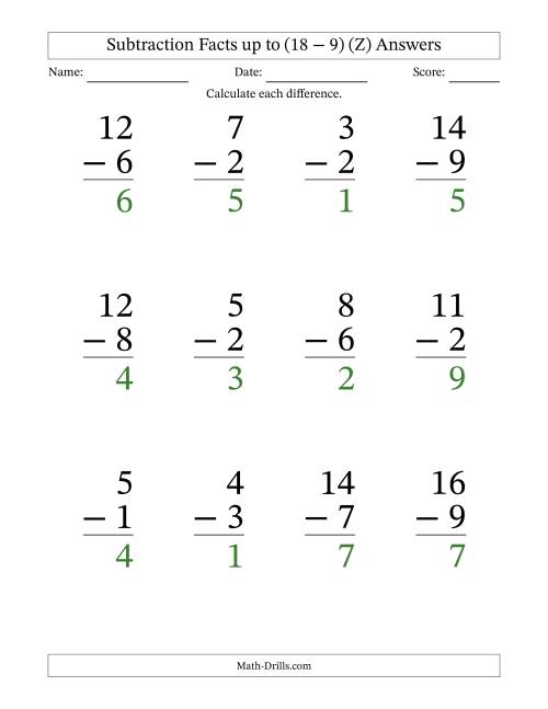 The Subtraction Facts from (2 − 1) to (18 − 9) – 12 Large Print Questions (Z) Math Worksheet Page 2