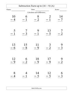 Subtraction Facts from (2 − 1) to (18 − 9) – 25 Large Print Questions