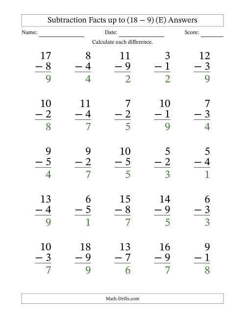 The Subtraction Facts from (2 − 1) to (18 − 9) – 25 Large Print Questions (E) Math Worksheet Page 2