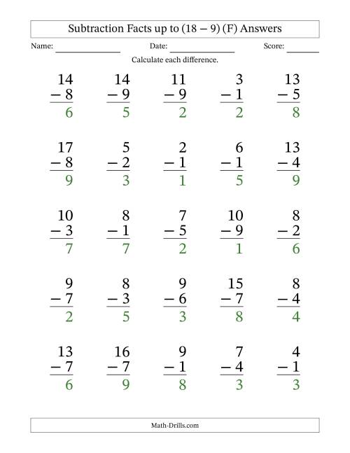 The Subtraction Facts from (2 − 1) to (18 − 9) – 25 Large Print Questions (F) Math Worksheet Page 2