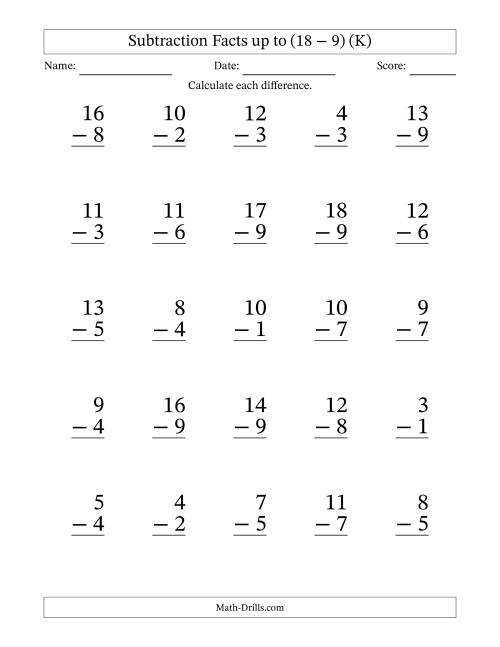 The Subtraction Facts from (2 − 1) to (18 − 9) – 25 Large Print Questions (K) Math Worksheet