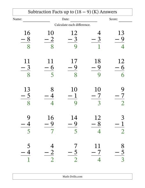 The Subtraction Facts from (2 − 1) to (18 − 9) – 25 Large Print Questions (K) Math Worksheet Page 2