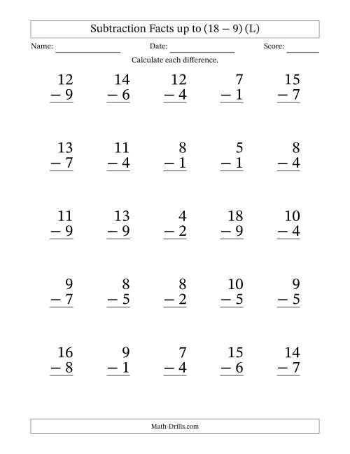 The Subtraction Facts from (2 − 1) to (18 − 9) – 25 Large Print Questions (L) Math Worksheet