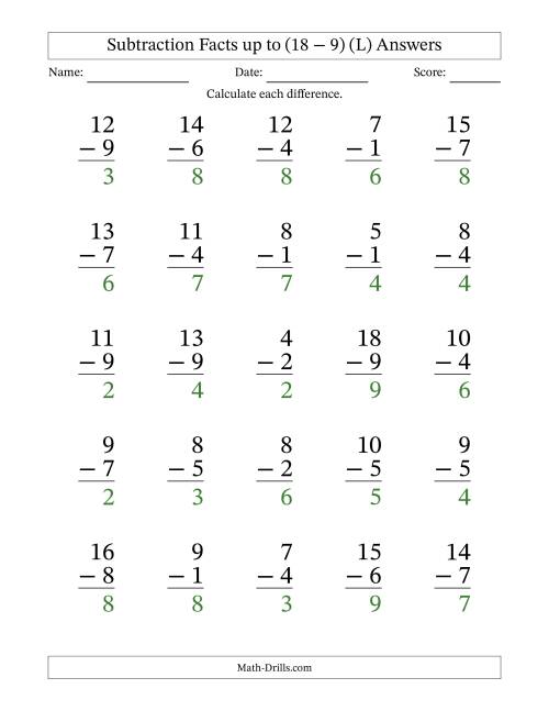 The Subtraction Facts from (2 − 1) to (18 − 9) – 25 Large Print Questions (L) Math Worksheet Page 2