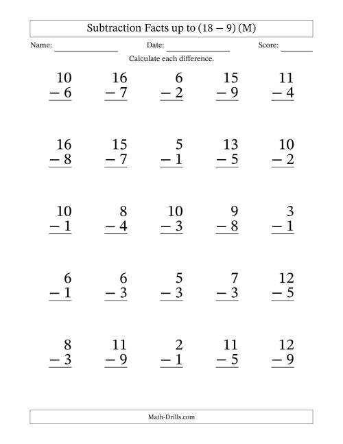 The Subtraction Facts from (2 − 1) to (18 − 9) – 25 Large Print Questions (M) Math Worksheet
