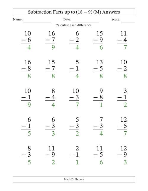 The Subtraction Facts from (2 − 1) to (18 − 9) – 25 Large Print Questions (M) Math Worksheet Page 2