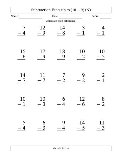 The Subtraction Facts from (2 − 1) to (18 − 9) – 25 Large Print Questions (N) Math Worksheet