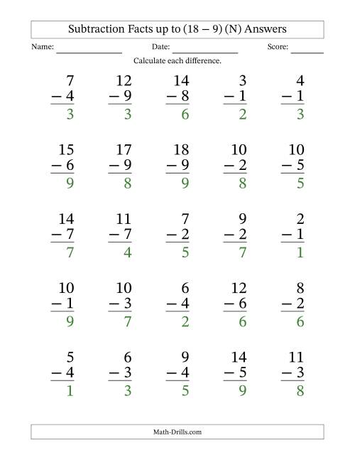 The Subtraction Facts from (2 − 1) to (18 − 9) – 25 Large Print Questions (N) Math Worksheet Page 2
