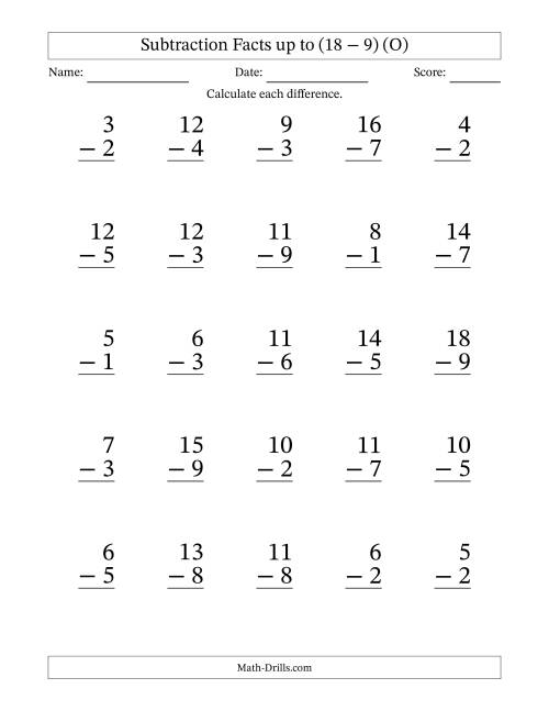 The Subtraction Facts from (2 − 1) to (18 − 9) – 25 Large Print Questions (O) Math Worksheet