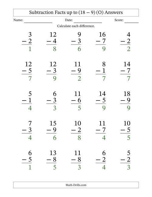The Subtraction Facts from (2 − 1) to (18 − 9) – 25 Large Print Questions (O) Math Worksheet Page 2