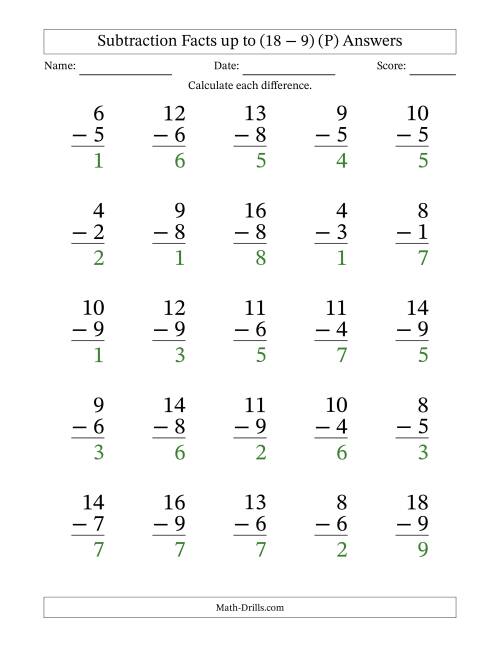 The Subtraction Facts from (2 − 1) to (18 − 9) – 25 Large Print Questions (P) Math Worksheet Page 2