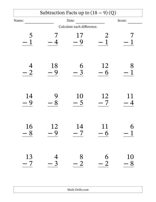 The Subtraction Facts from (2 − 1) to (18 − 9) – 25 Large Print Questions (Q) Math Worksheet
