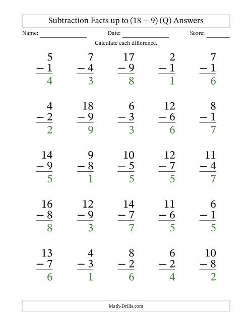 The Subtraction Facts from (2 − 1) to (18 − 9) – 25 Large Print Questions (Q) Math Worksheet Page 2