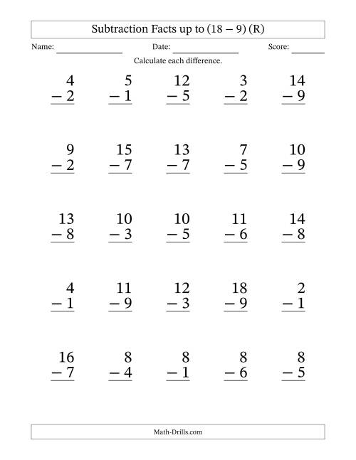 The Subtraction Facts from (2 − 1) to (18 − 9) – 25 Large Print Questions (R) Math Worksheet