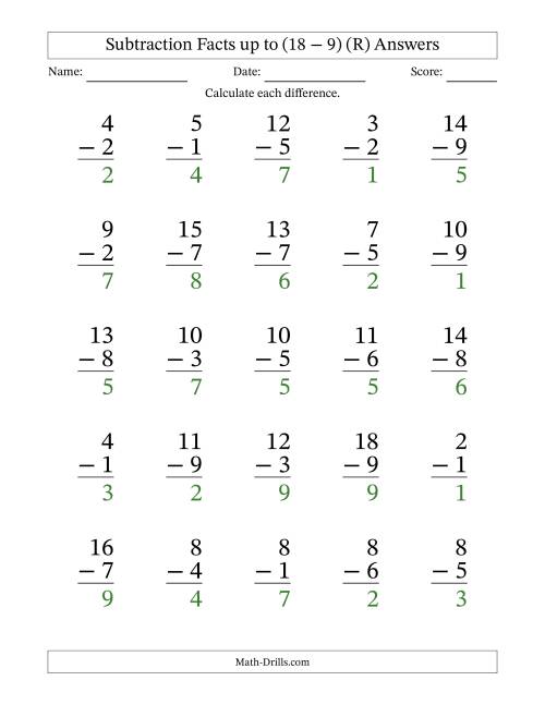 The Subtraction Facts from (2 − 1) to (18 − 9) – 25 Large Print Questions (R) Math Worksheet Page 2