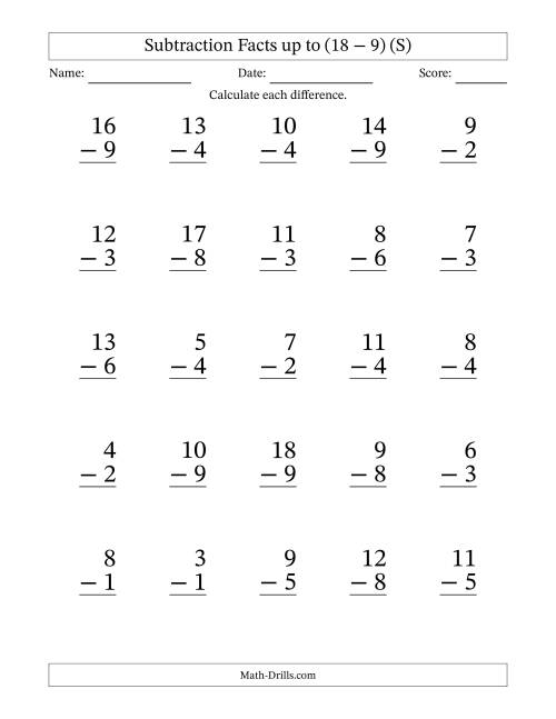 The Subtraction Facts from (2 − 1) to (18 − 9) – 25 Large Print Questions (S) Math Worksheet