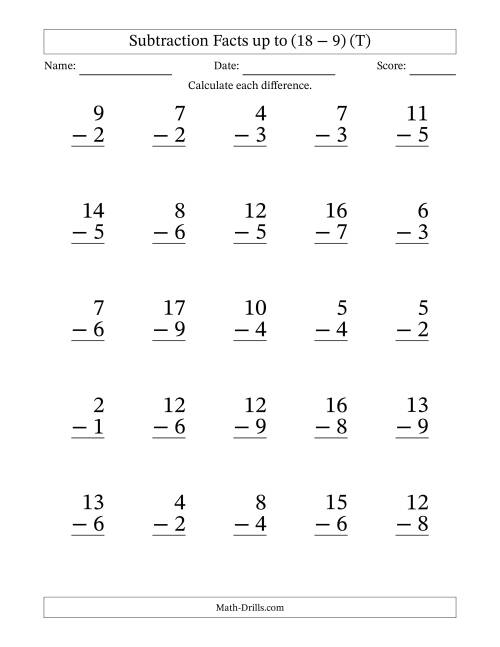 The Subtraction Facts from (2 − 1) to (18 − 9) – 25 Large Print Questions (T) Math Worksheet