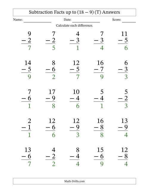 The Subtraction Facts from (2 − 1) to (18 − 9) – 25 Large Print Questions (T) Math Worksheet Page 2