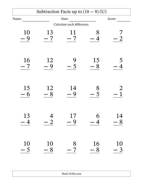 The Subtraction Facts from (2 − 1) to (18 − 9) – 25 Large Print Questions (U) Math Worksheet